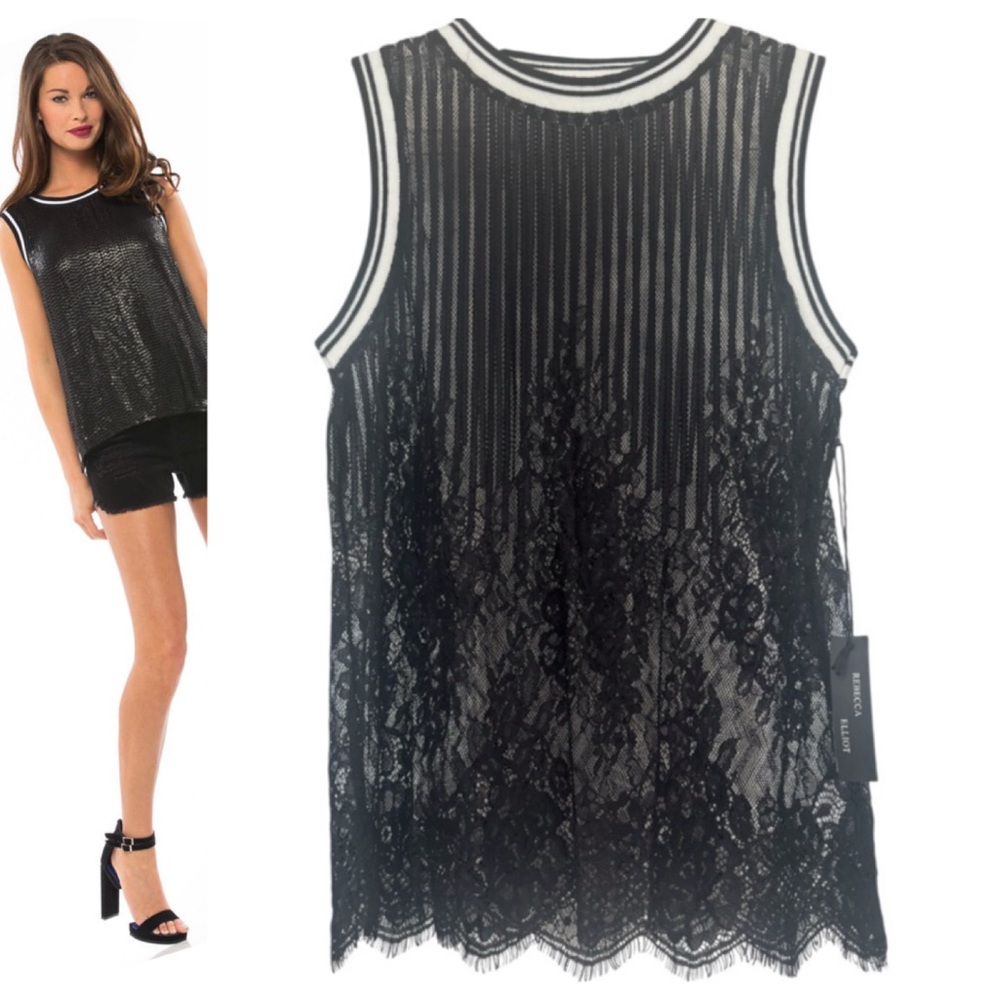 Elegant Lace Tank Top Blouse Luxury Neutral Shell Black White Womens Size Small